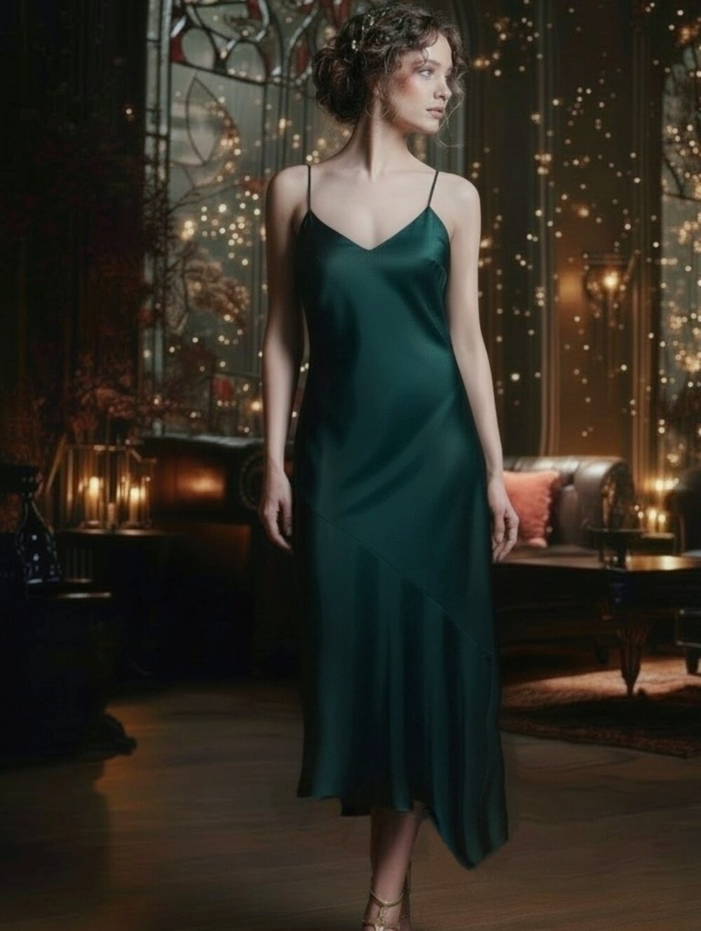 Mng Satin Minimalist Whimsigoth Slip Dress in Deep Green